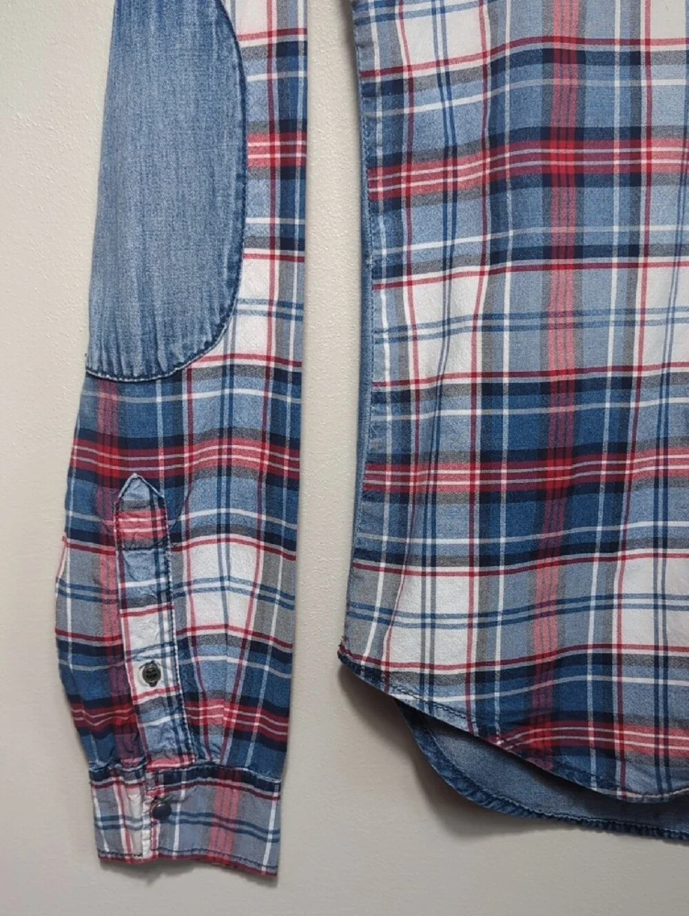 Zara Man‎ Slim Fit Plaid Button-Up Shirt Denim Red White Blue 4th of July SM/MED
